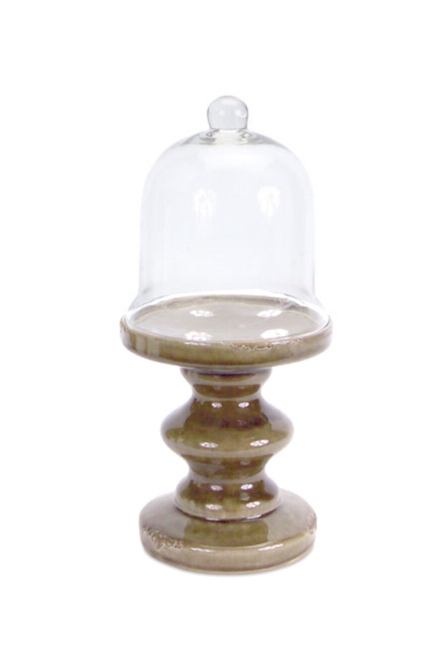 Melrose 13.75" Distressed Finish Ceramic Brown Pedestal with Glass Dome Table Top Decoration